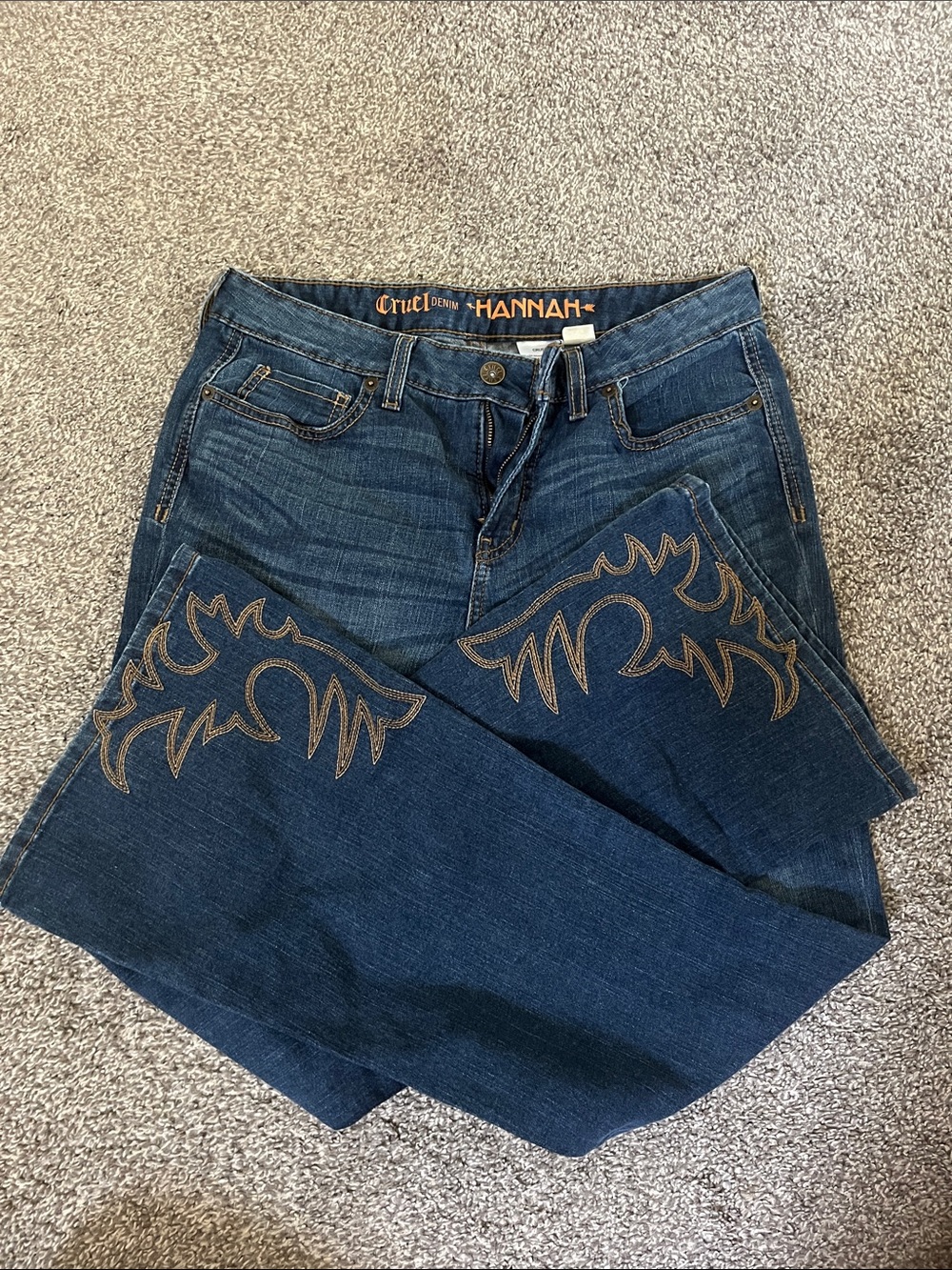Cruel Girl Dark Blue Boot Cut Jeans with Tan Embroidery
